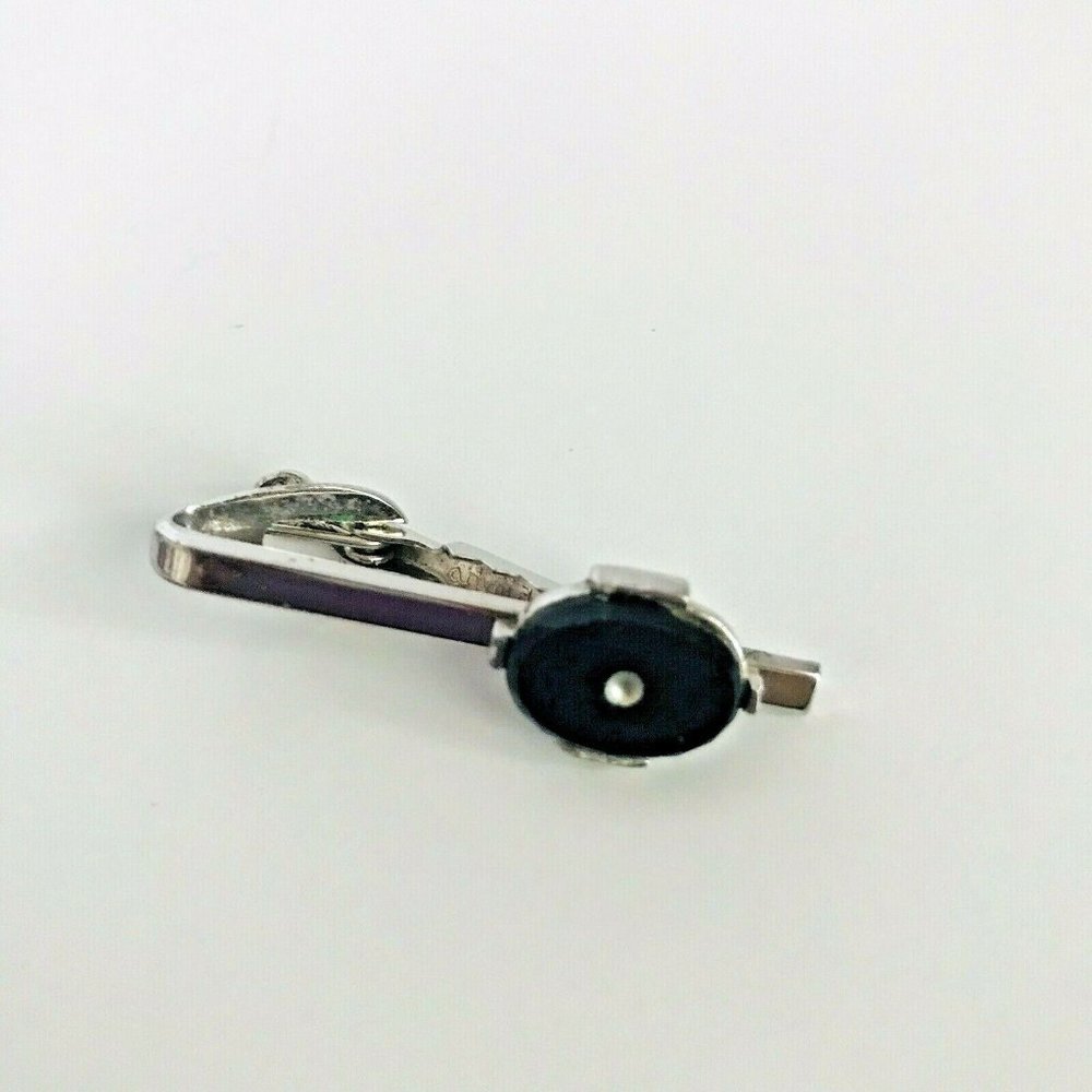 Vintage SHIELDS Tie Clip Signed Silver Tone Black